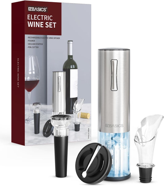 Premium Electric Wine Opener Set - Automatic Bottle Opener with Foil Cutter, Vacuum Stopper & Aerator Pourer - Perfect Gift for Wine Lovers, Home, Kitchen, Party & Weddings - Rechargeable Silver Design