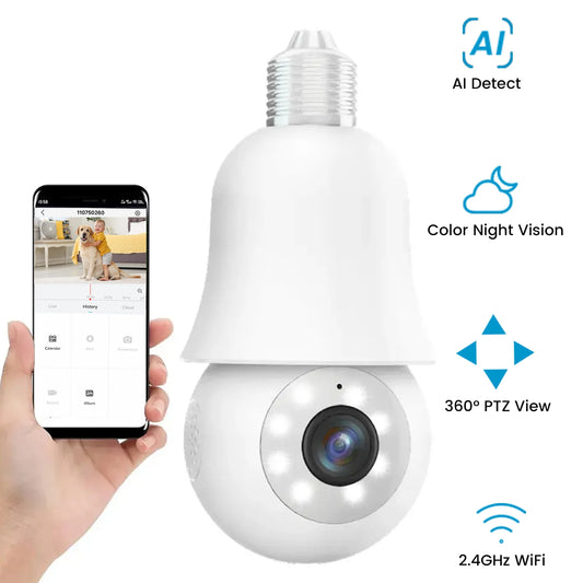 360 Light Bulb Security Camera Wireless Wifi Indoor, 3MP Color Night Vision, Motion Detection, Two Way Audio Home Security Camera