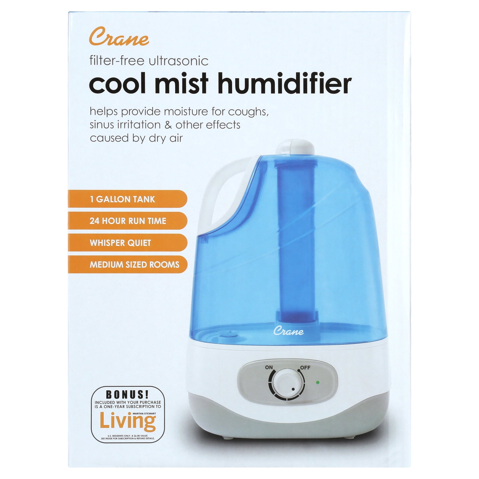 Crane USA Ultrasonic Cool Mist Humidifier, 1.0 Gallon, 24 Hour Run Time, Whisper Quiet, 500 Sq. Ft. Coverage, Blue/White