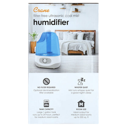 Crane USA Ultrasonic Cool Mist Humidifier, 1.0 Gallon, 24 Hour Run Time, Whisper Quiet, 500 Sq. Ft. Coverage, Blue/White