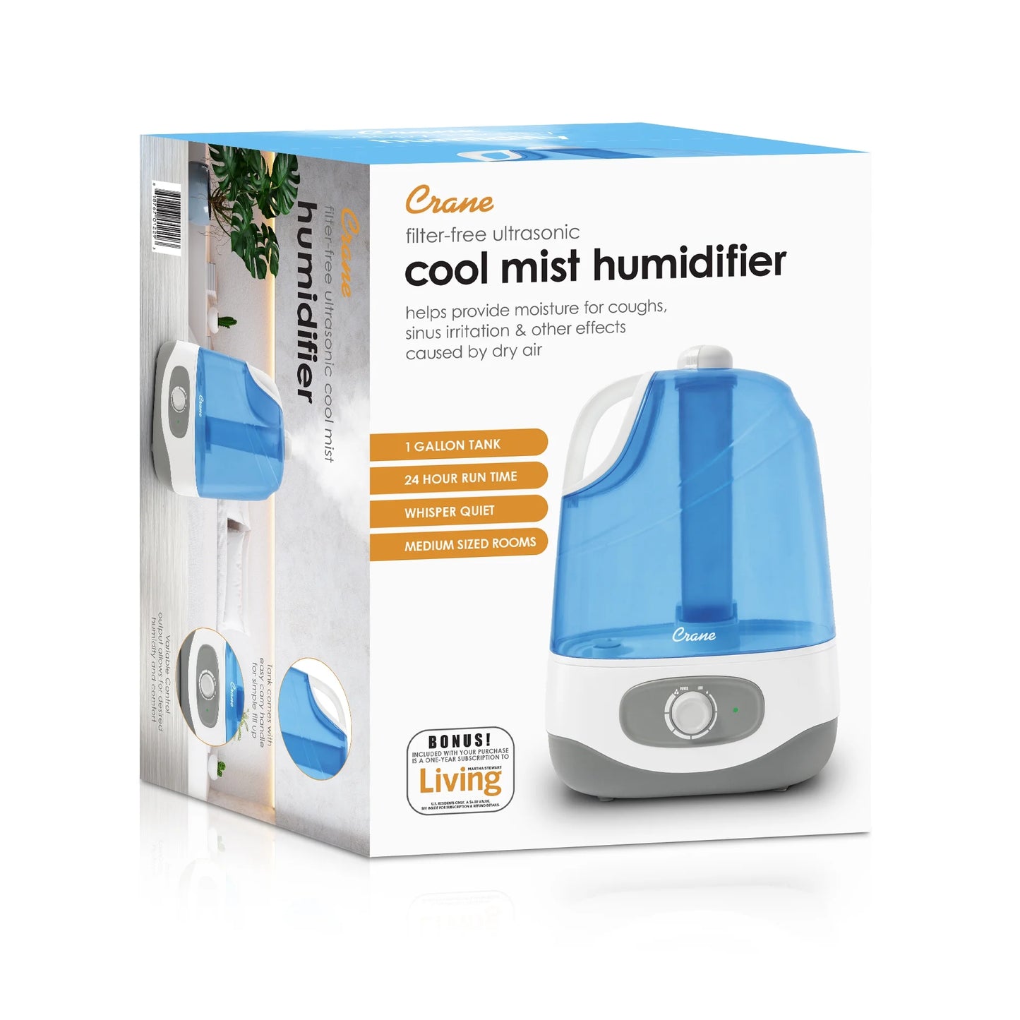 Crane USA Ultrasonic Cool Mist Humidifier, 1.0 Gallon, 24 Hour Run Time, Whisper Quiet, 500 Sq. Ft. Coverage, Blue/White