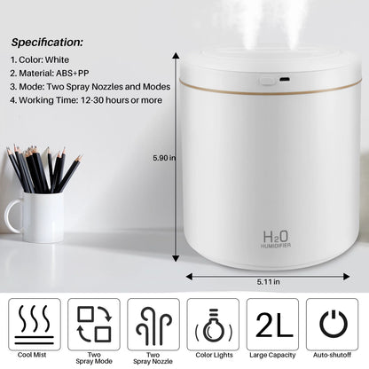 2L Ultrasonic Cool Mist Humidifier for Room Air Vaporizers and Humidifier for Baby, White